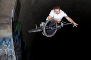 BMX rider Cameron Wood lays out a tabletop in Wyoming in 2012