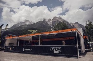 The Gstaad Scott UCI Downhill World Cup staff coach inside pits at round three of this series in Leogang, Austria