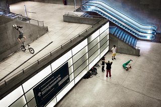 Tim Knoll with a headstand in a Berlin Railway facility on July 15, 2015
